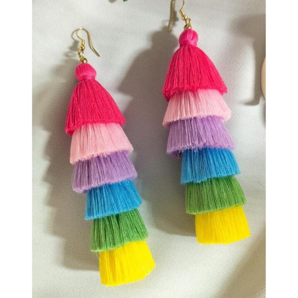 Long rainbow colored tassel earrings
